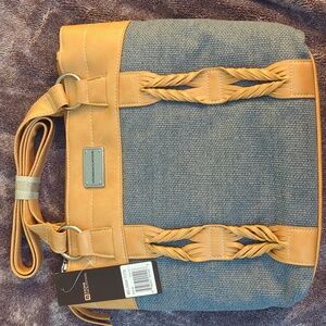 Stone Mountain Tan and Blue Tote Bag with Structured Design